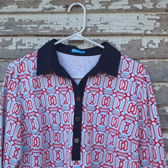 J. McLaughlin Signature Catalina Geometric Print Polo Collared Button Shirt Top - Picture 3 of 7